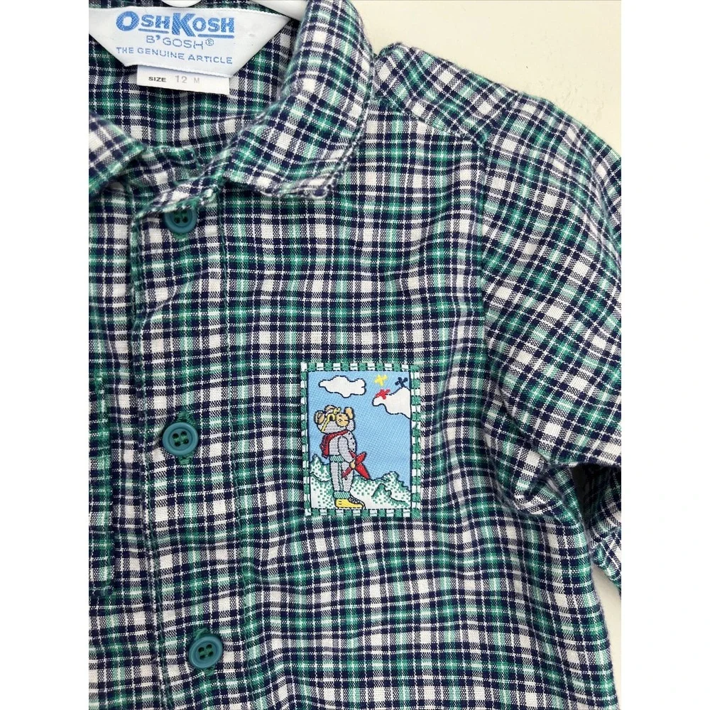 Vtg Oshkosh Vestbak Denim Bib Overalls Plaid Shirt Set Boys 12M USA RARE Plane